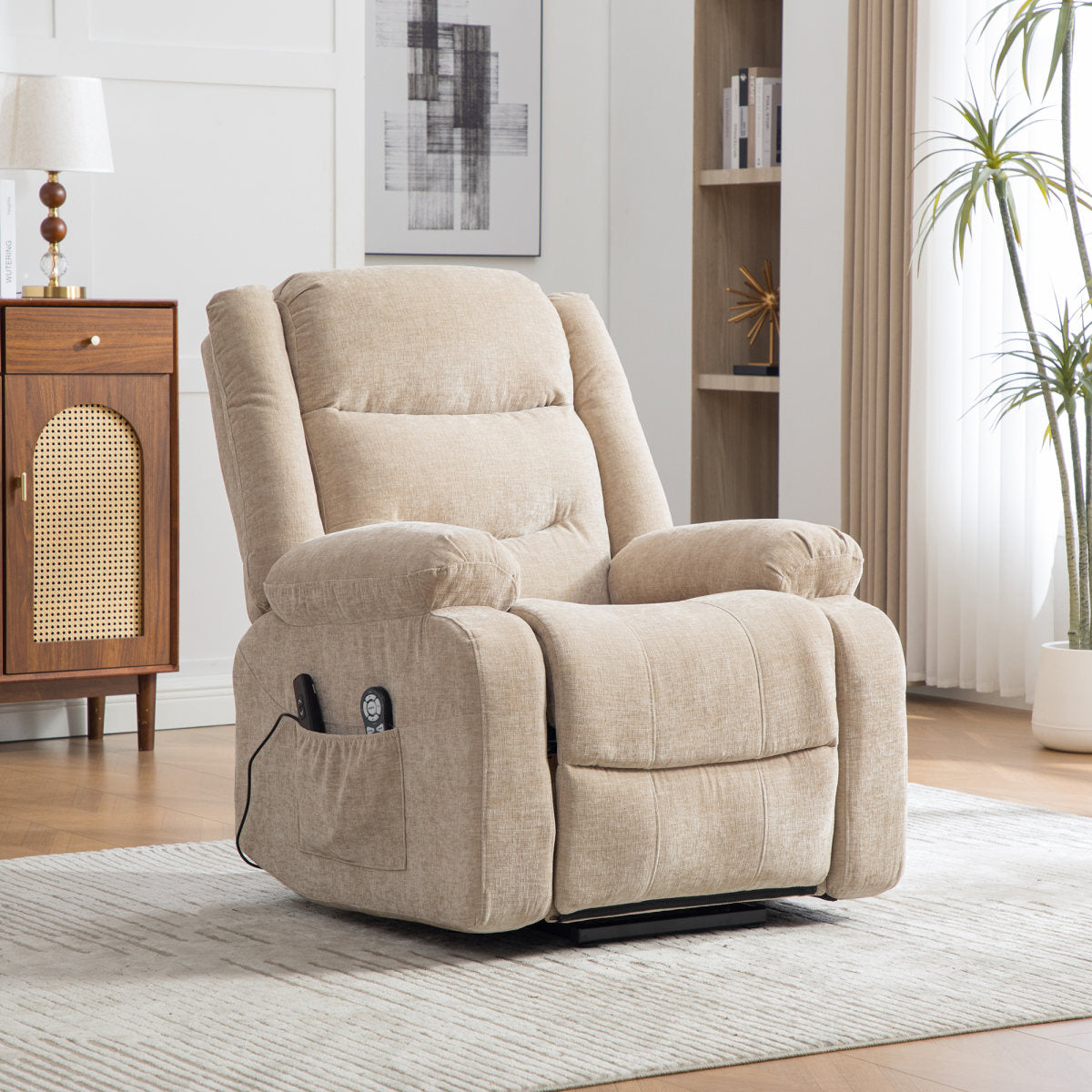Multifunctional Electric Recliner With Stand-up Aid, Massage And Heat Function, Electrically Adjustable Backrest And Footrest, And Side Storage Pockets.-Light Khaki