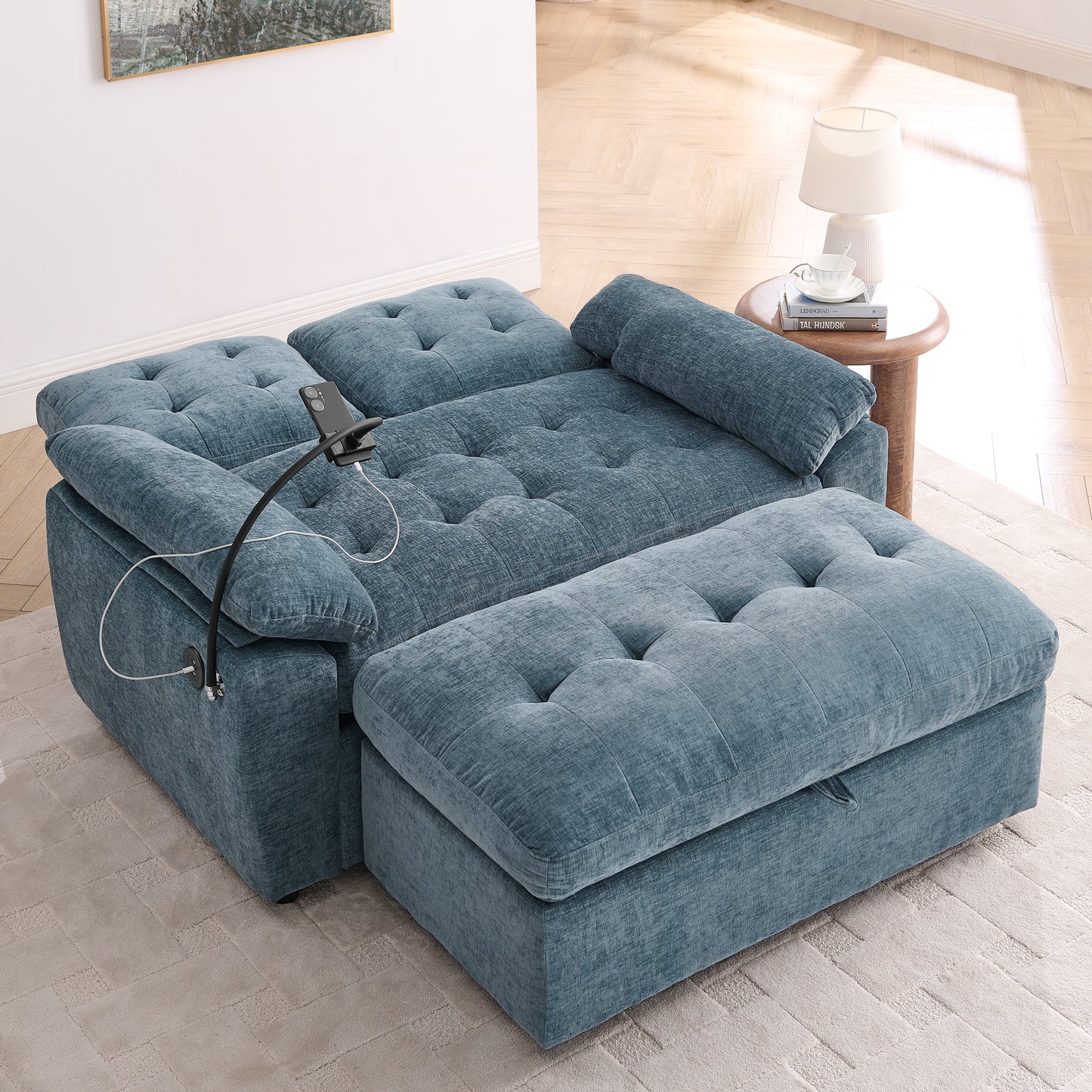 Leisure Sofa Chair,Double Sofa Recliner, With Manually Adjustable Backrest, Soft Padded Armrests, Side USB Charging Port And Phone Stand, Comes With A Matching Storage Ottoman-Blue