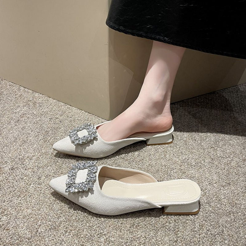 New Pointed-toe Rhinestone Chunky-heel Slip-on Sandals
