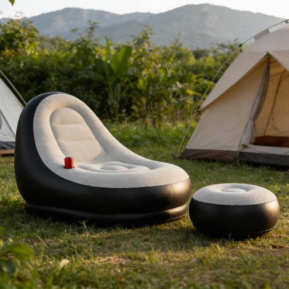 Inflatable Lounge Sofa With Ottoman Portable Air Sofa Of Up To 220 Lbs For Adults With Flocked Surface For Home, Yard, And On The Go Occasions Like Camping Or Trips