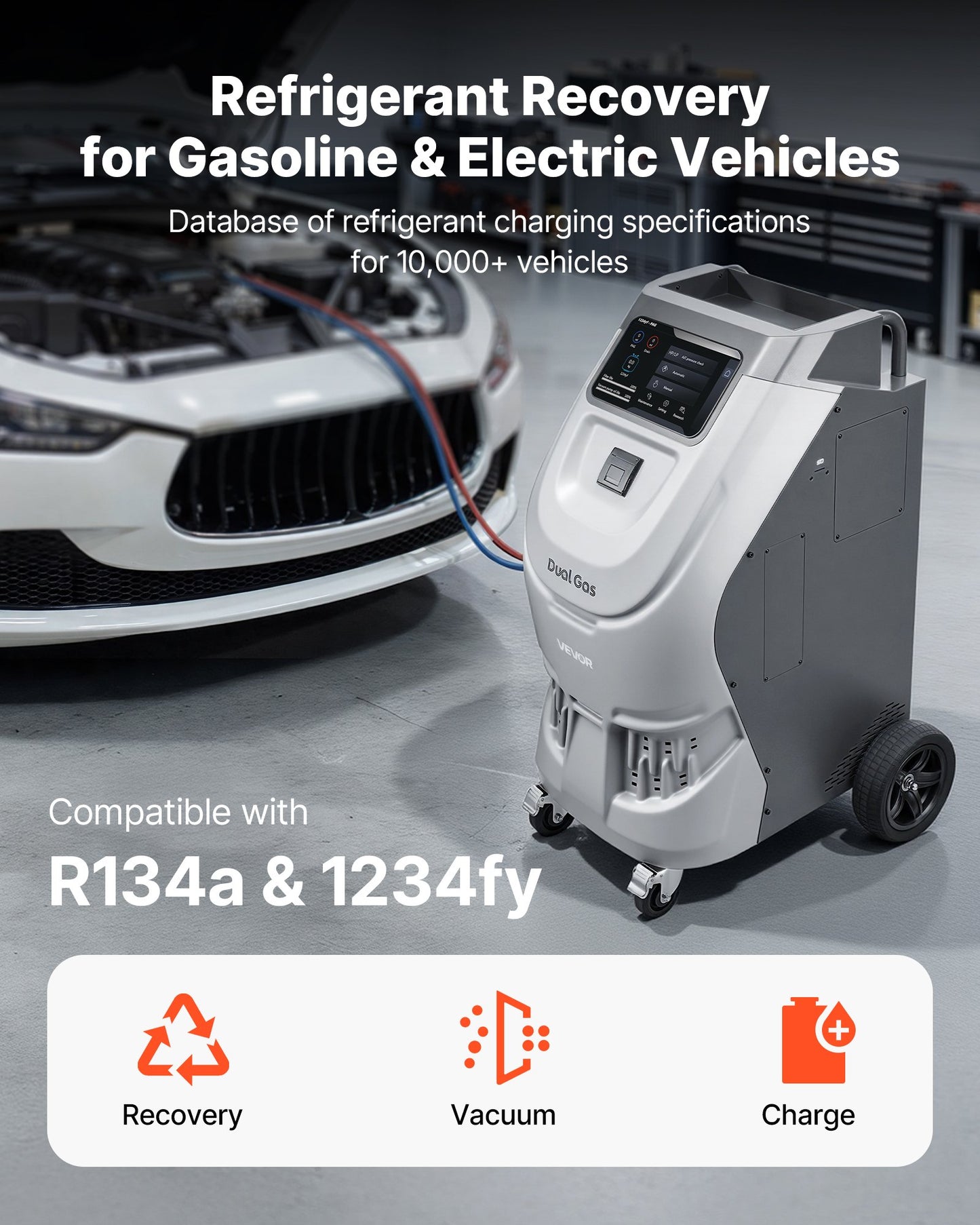 Fully Automatic Refrigerant Recovery Machine For R134a & 1234fy, ≥98.5% Accuracy, 10-Inch Touch Screen, AC Recovery, Vacuum, And Recharging For Standard And High Voltage Automotive A/C Systems