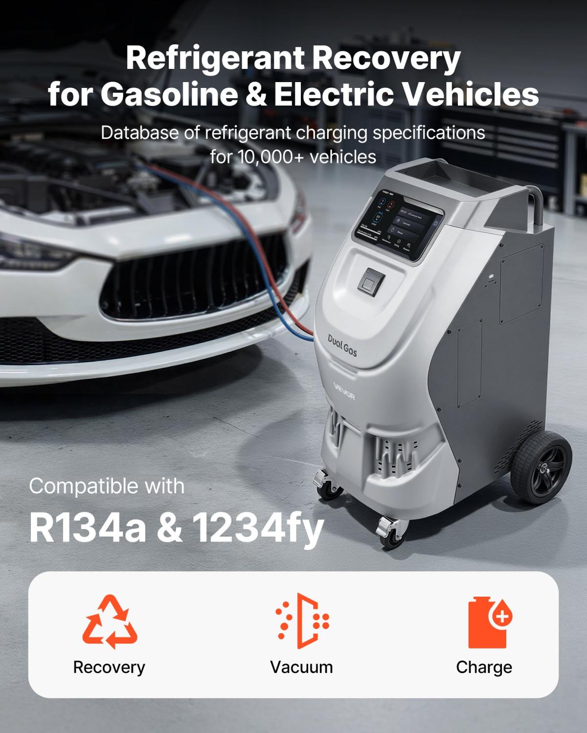 Fully Automatic Refrigerant Recovery Machine For R134a & 1234fy, ≥98.5% Accuracy, 10-Inch Touch Screen, AC Recovery, Vacuum, And Recharging For Standard And High Voltage Automotive A/C Systems