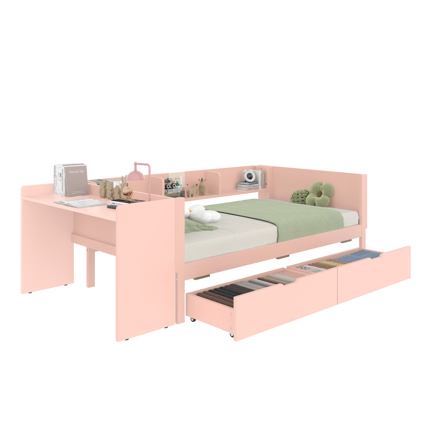Flat Bed, Wooden Bed, 90x200cm, With Desk, Equipped With 2 Drawers, Single Bed Without Mattress , With Shelves, Pine Chipboard, Pink