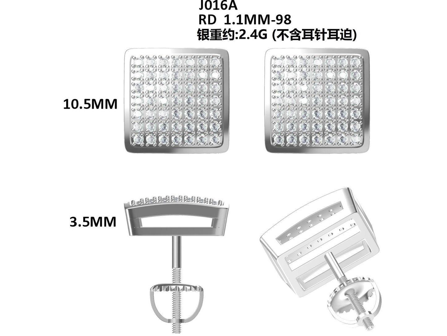 S925 Sterling Silver 98pcs D Color VVS1 Moissanite Square Earrings 2.4g Screw Back Platinum Plated GRA Certified Gift Box