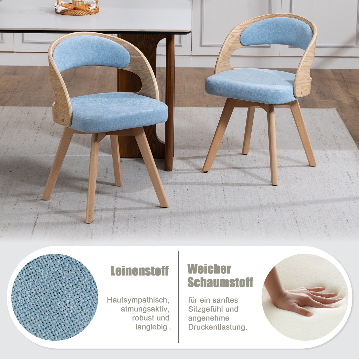 A Set Of Two Wooden Dining Chairs In A Modern Style, With Swivel Seats, Cotton Linen Seat Cushions And Curved Backrest, Accent Chairs For Kitchen, Cafe& Living Room  Blue Linen