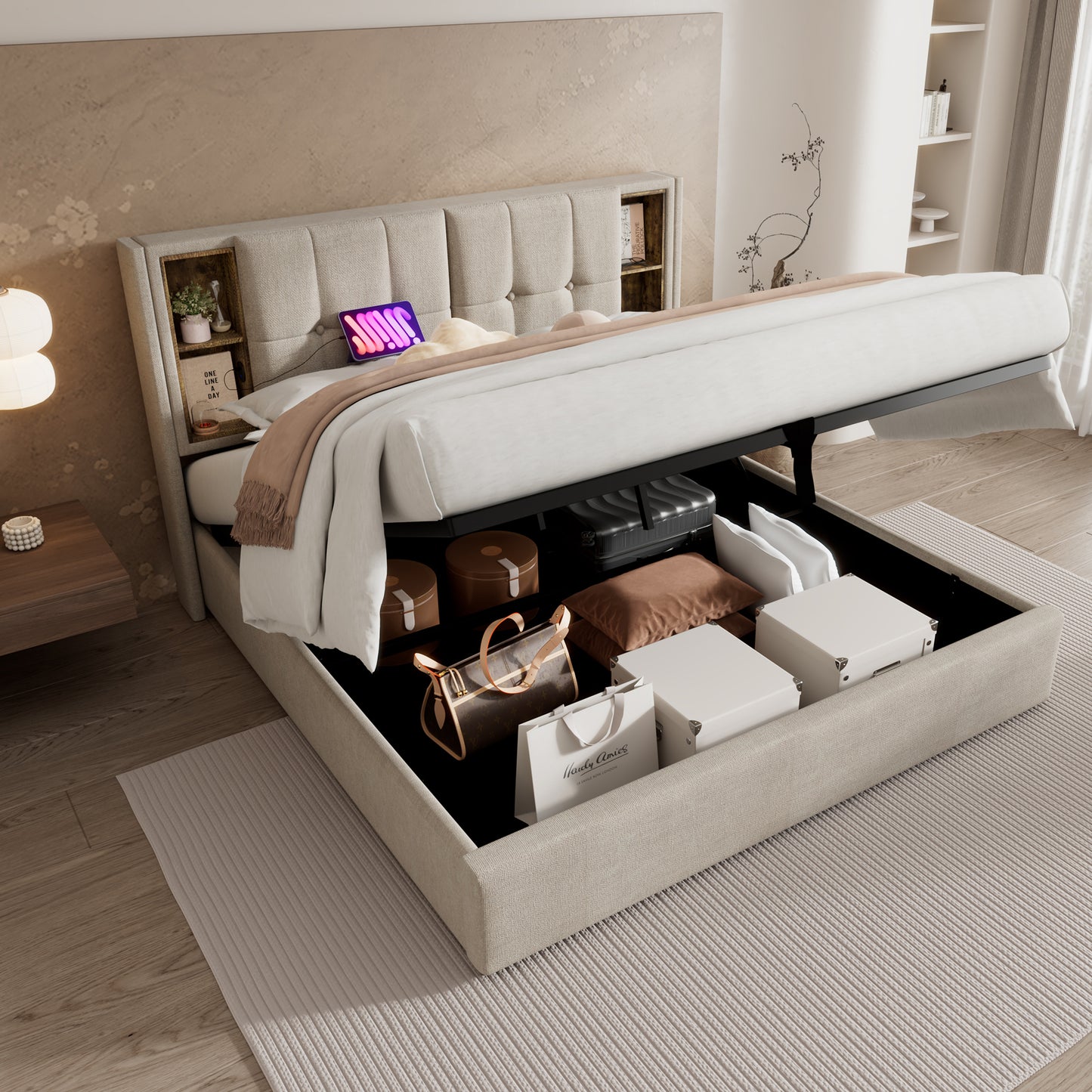 Double Bed With Wireless Charging USB C, Upholstered Bed Bed Frame 140x200cm, Bed Frame With Storage Slatted Base Made Of Wood - Natural Linen