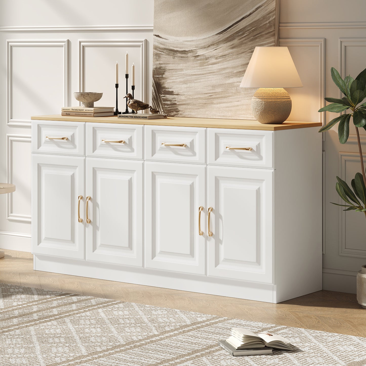 140 Cm Sideboard Buffet With Storage Space, Coffee Bar Cabinet With 4 Drawers And 4 Barn Doors, Long Storage Cabinet In Modern Farmhouse Style, White Wood, For Kitchen, Dining Room, Living Room