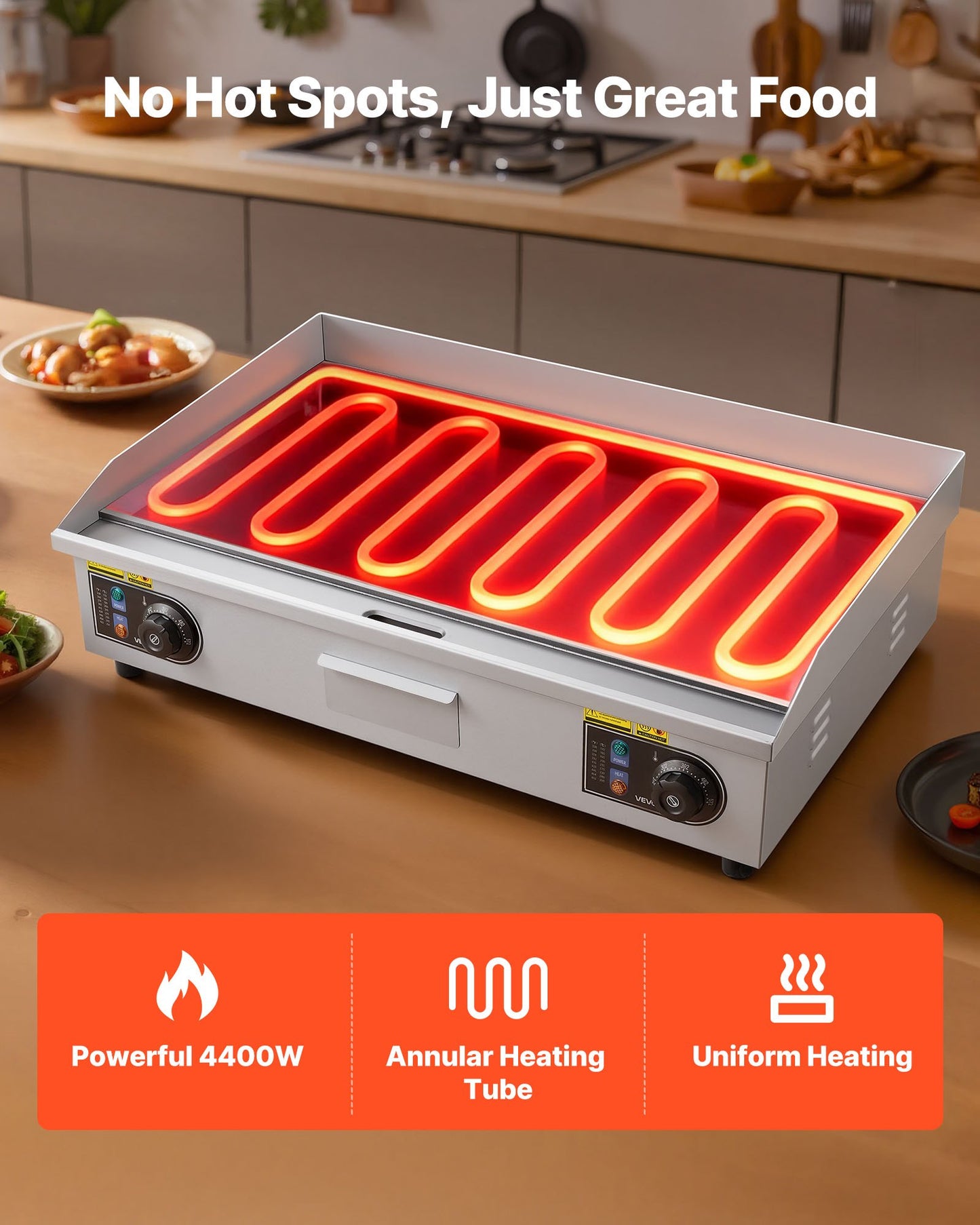 Commercial Electric Griddle, 28.54 X 15.75 Inches, 4400W, 122-570°F Adjustable Temp Control, Stainless Steel Body, Half Grooved Half Flat, With 2 Spatulas, 2 Brushes, And 4 Foot Pads, For Steak
