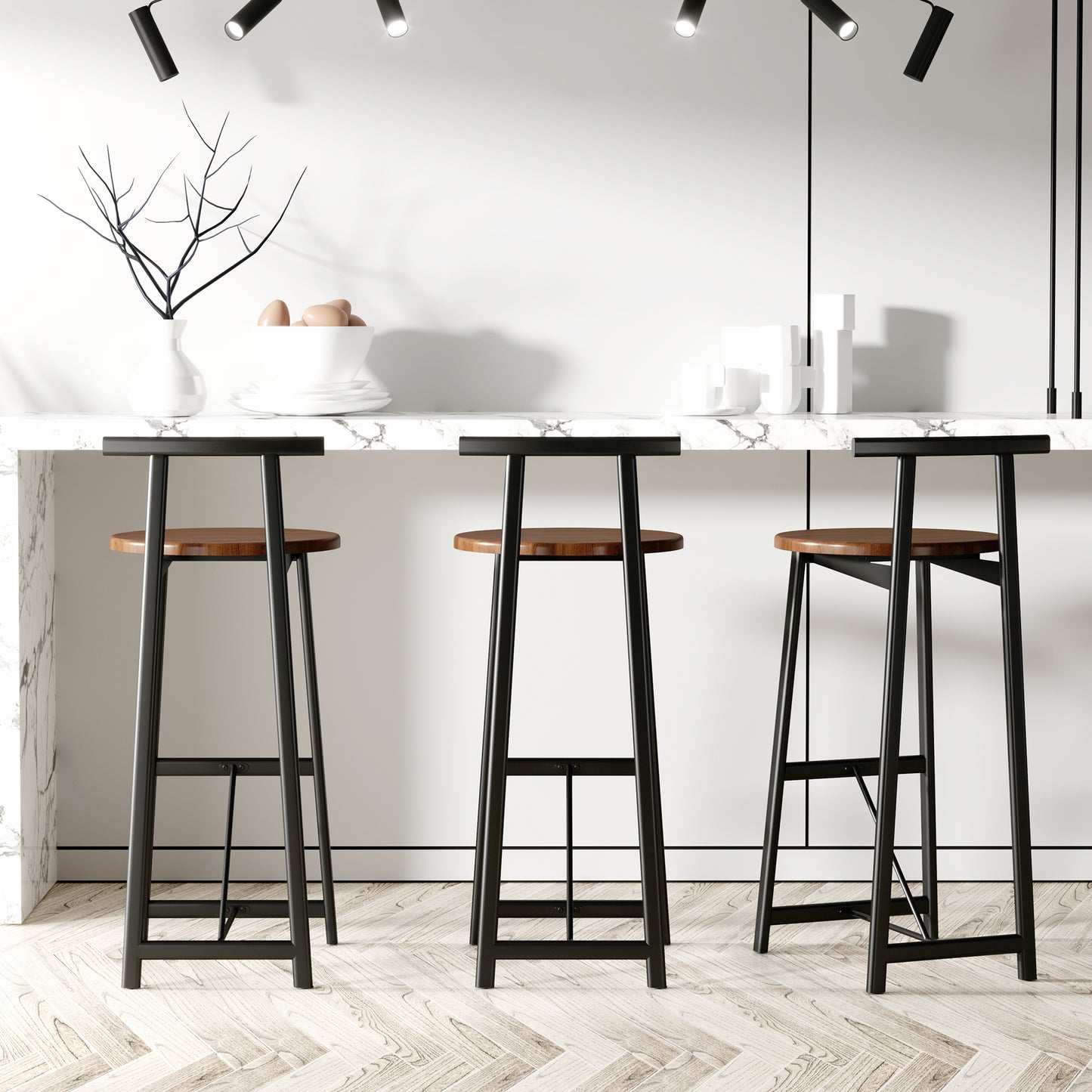 Bar Stool Set Of 3 Counter Height Barstools With Back Armless Dining Chairs For Kitchen Island  Black & Walnut Brown