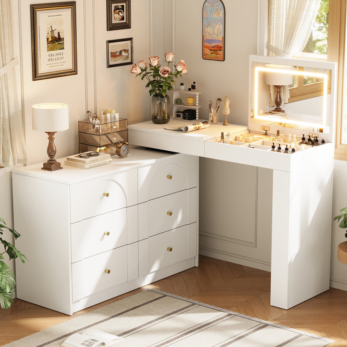 Modern L-Shaped Vanity Desk  Study Table With LED Flip Mirror, 7 Drawers For Storage, Adjustable Length, Multi-Functional Makeup Desk, Suitable For Bedroom Or Study, White