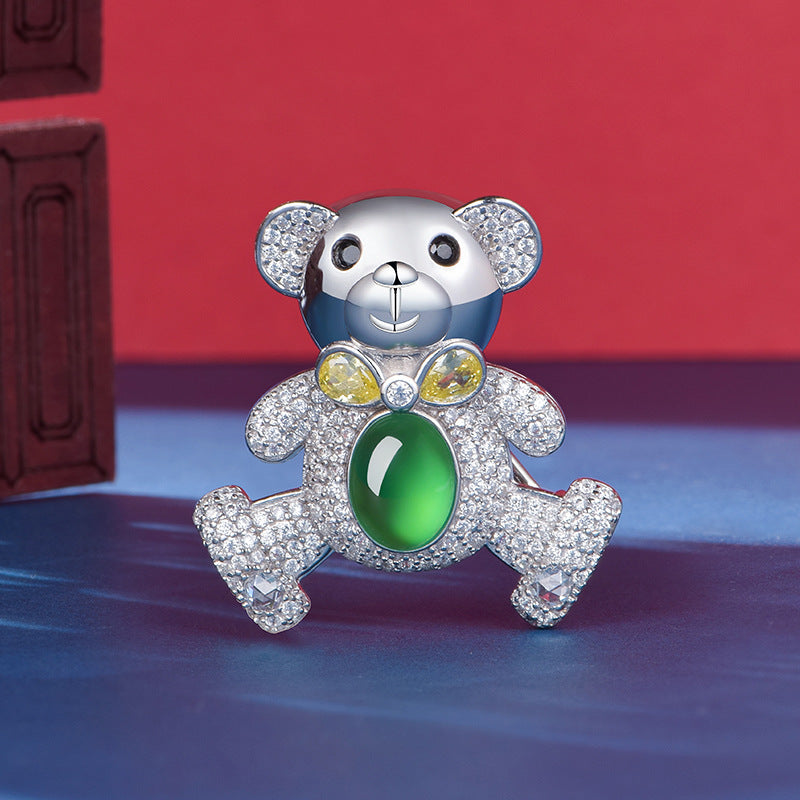 S925 Silver Pave Bear Brooch 8x6mm Oval Green Chalcedony 7g Platinum Plated Fashion Gift Box
