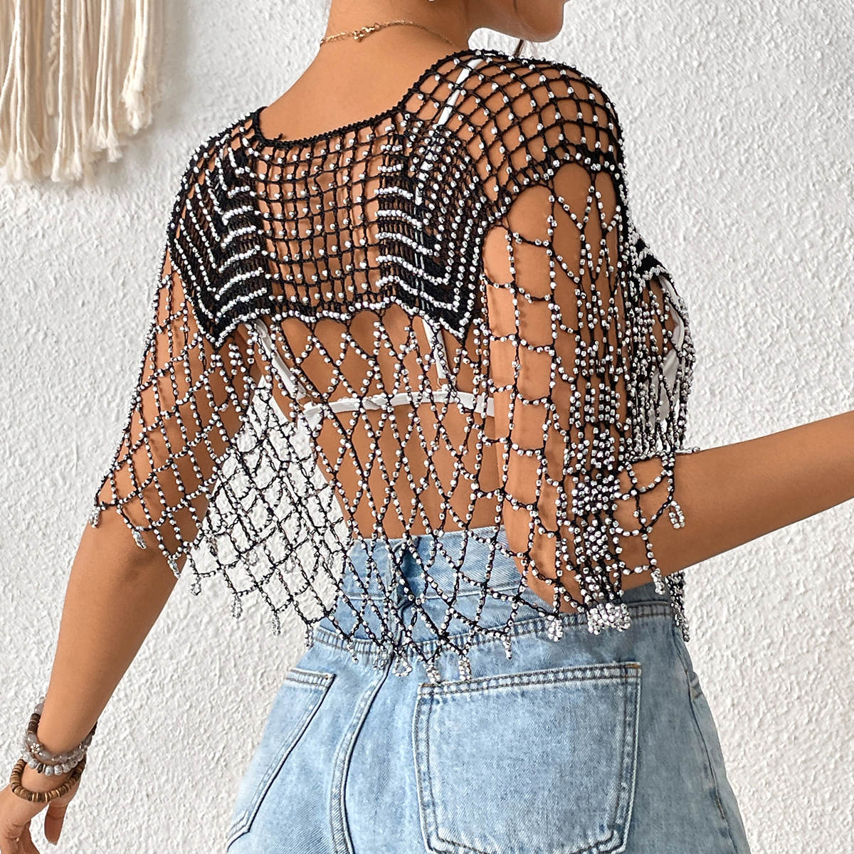 New Arrival Women Hollow Out Beaded Tassel Cape Shawl, Sheer Sun Protection Bikini Cover Up, European American Resort Beach Outfit