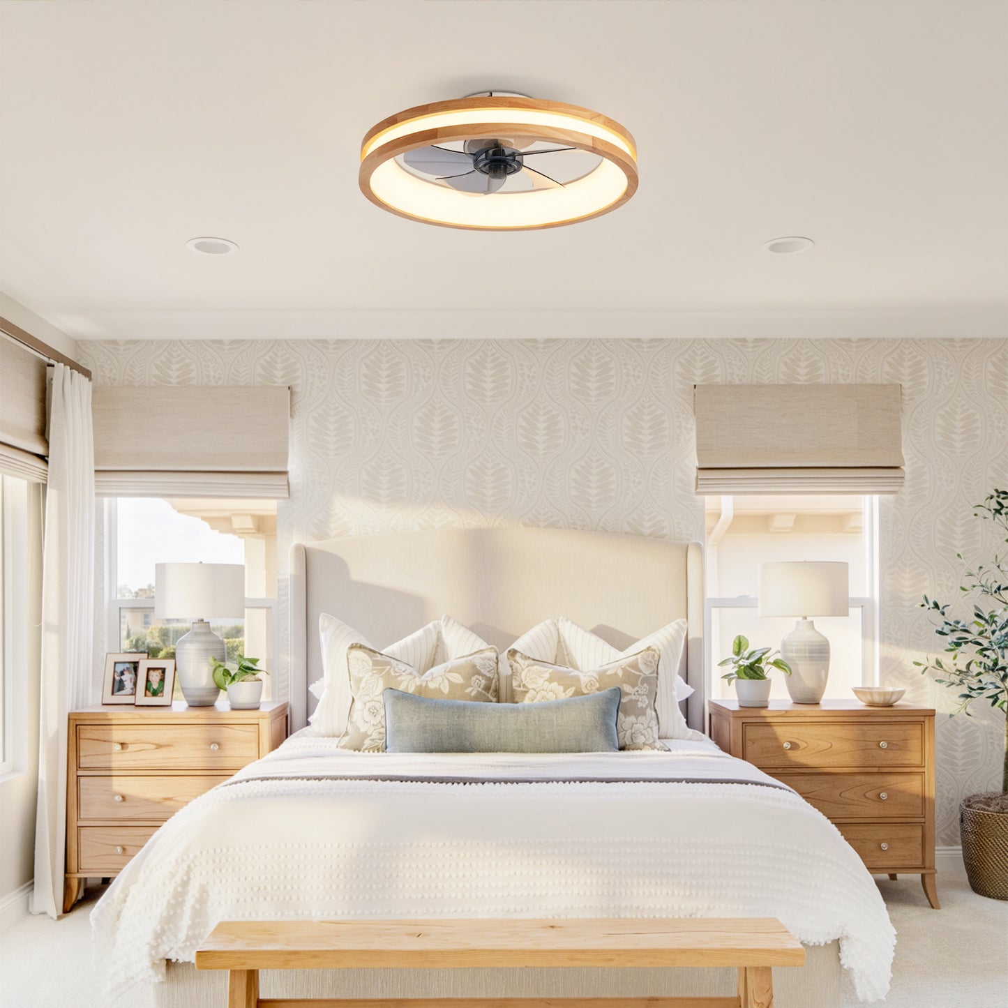 Ceiling Fans With Kit ,LED Light Source And Remote Control, 3000-6500K Dimmable Modern Flush Mount LED Fan Light, 6 Speeds, Quiet DC Motor For Living Room, Bedroom,Kitchen----Natural Wood   White