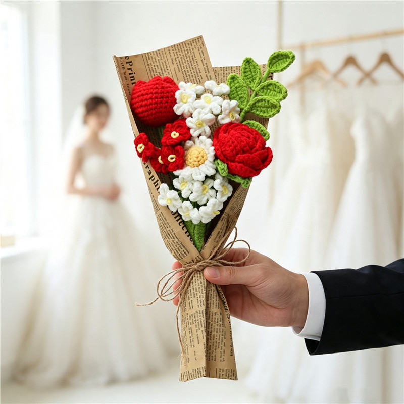 Handmade Crocheted Flower Bouquet, Red Roses And Tulips Paired With White Small Daisies, Soft Yarn Everlasting Knitted Bouquet, Indoor Home Decorative Ornament