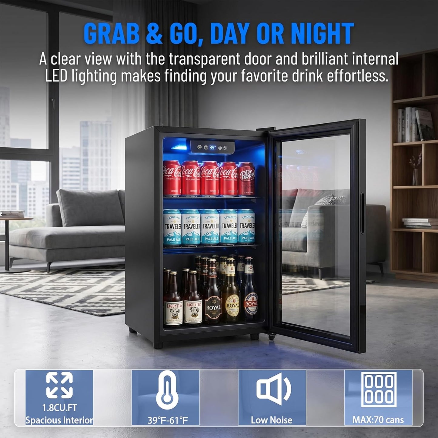 1.8 Cu Ft Beverage Refrigerator, 70 Can Mini Fridge With Glass Door, Digital Temperature Control, Adjustable Shelves, Quiet Cooler For Beer Soda Wine, Office Dorm