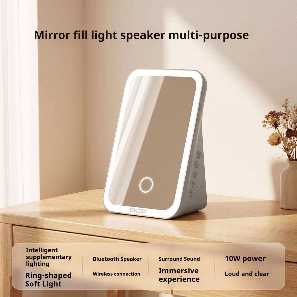 KP-863 Portable Bluetooth Speaker Makeup Mirror With Fill Light Compact Desktop HD Mirror Speaker