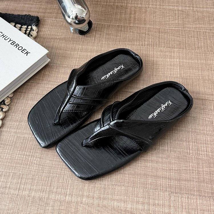 Women Platform Thong Slippers, New Stylish Square Toe Versatile Beach Flip Flops For Outdoor Wear