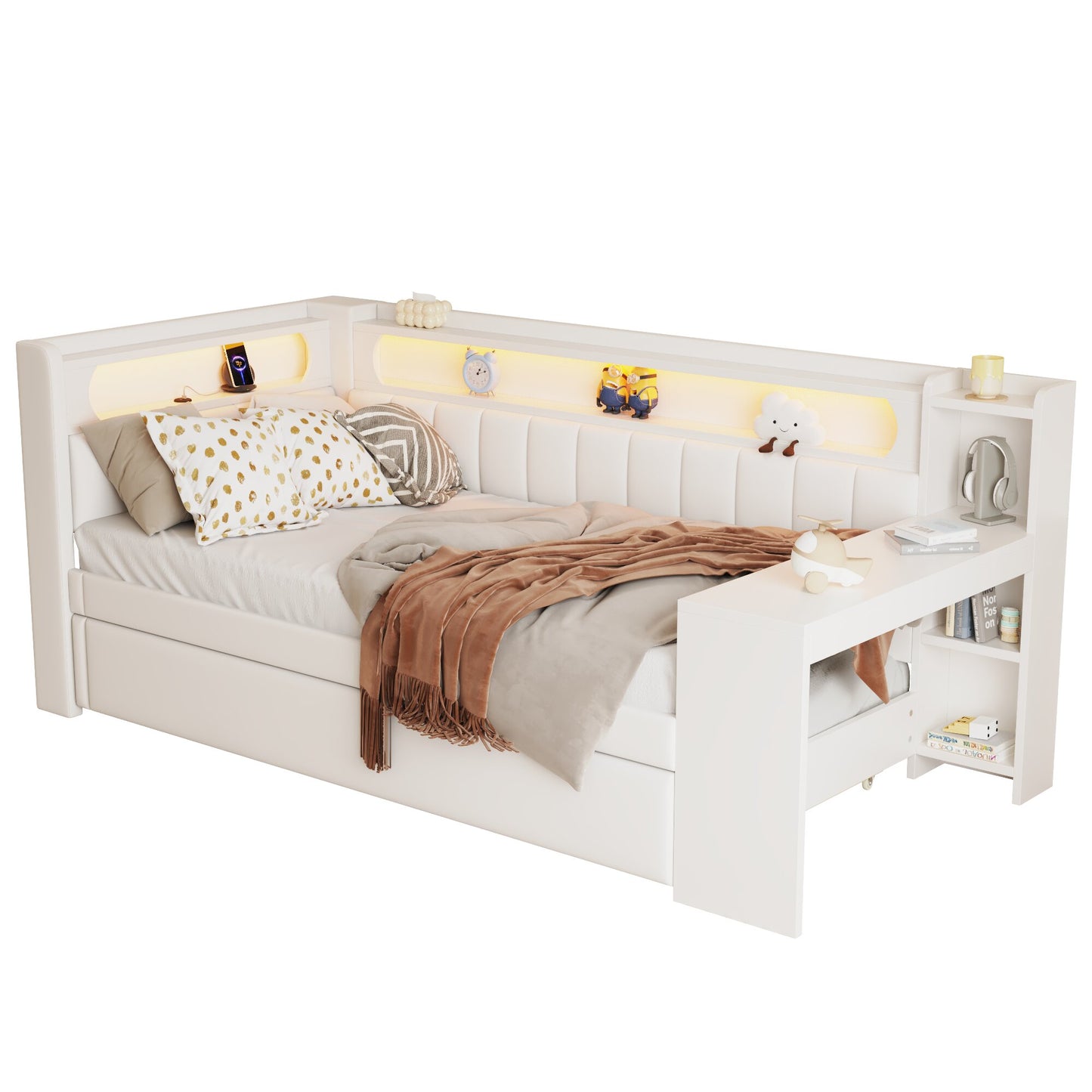 Padded 90x200 Daybed With USB Ports And LED Belt, With Trundle Bed And Desk, White