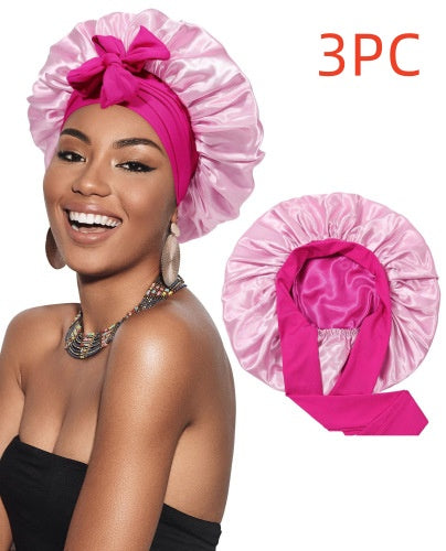 Double-layer Satin Ribbon Round Cap Bow Artificial Silk Beauty Hair Care Wide-brimmed Hat