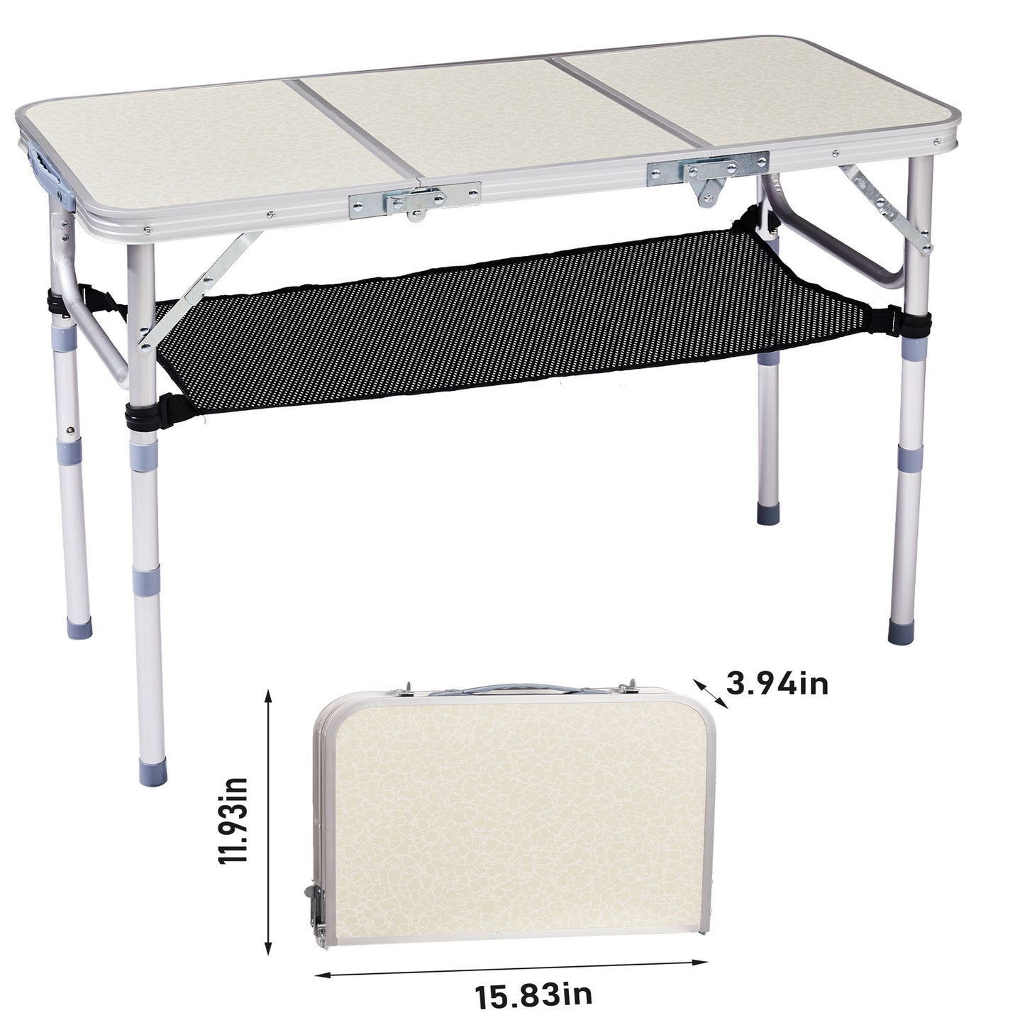 3ft Portable Adjustable Height Aluminum Folding Camping Table With Mesh Storage Shelf, Outdoor Picnic Beach BBQ Side Desk