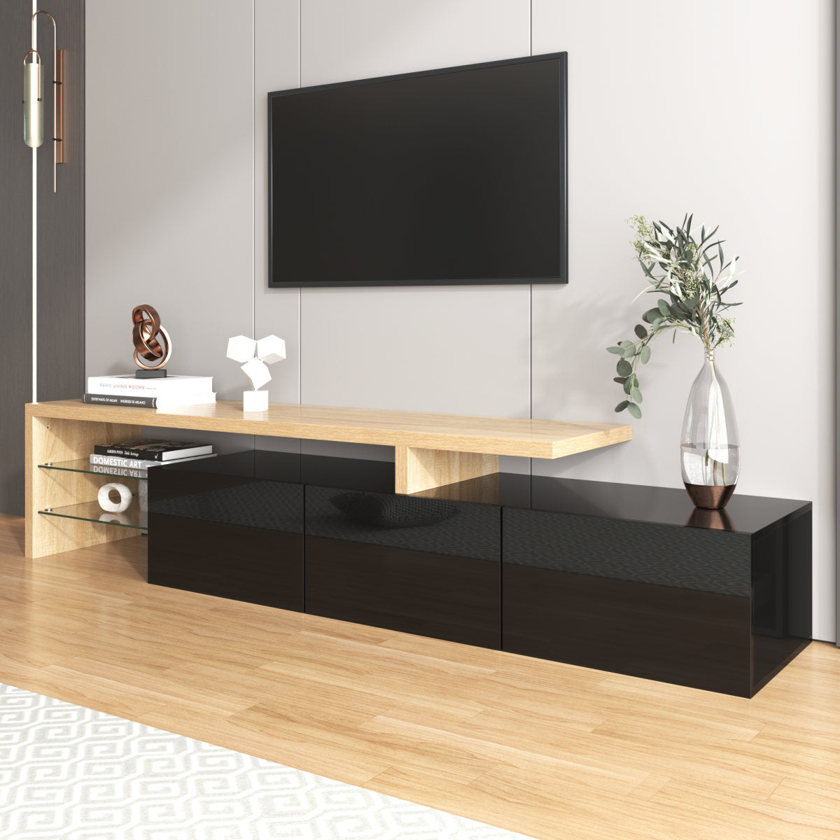 Modern TV Cabinet Design Stylish Elegance, Practical Storage, High-gloss Black, Wood-effect Finish, Glass Shelves, LED Lighting.