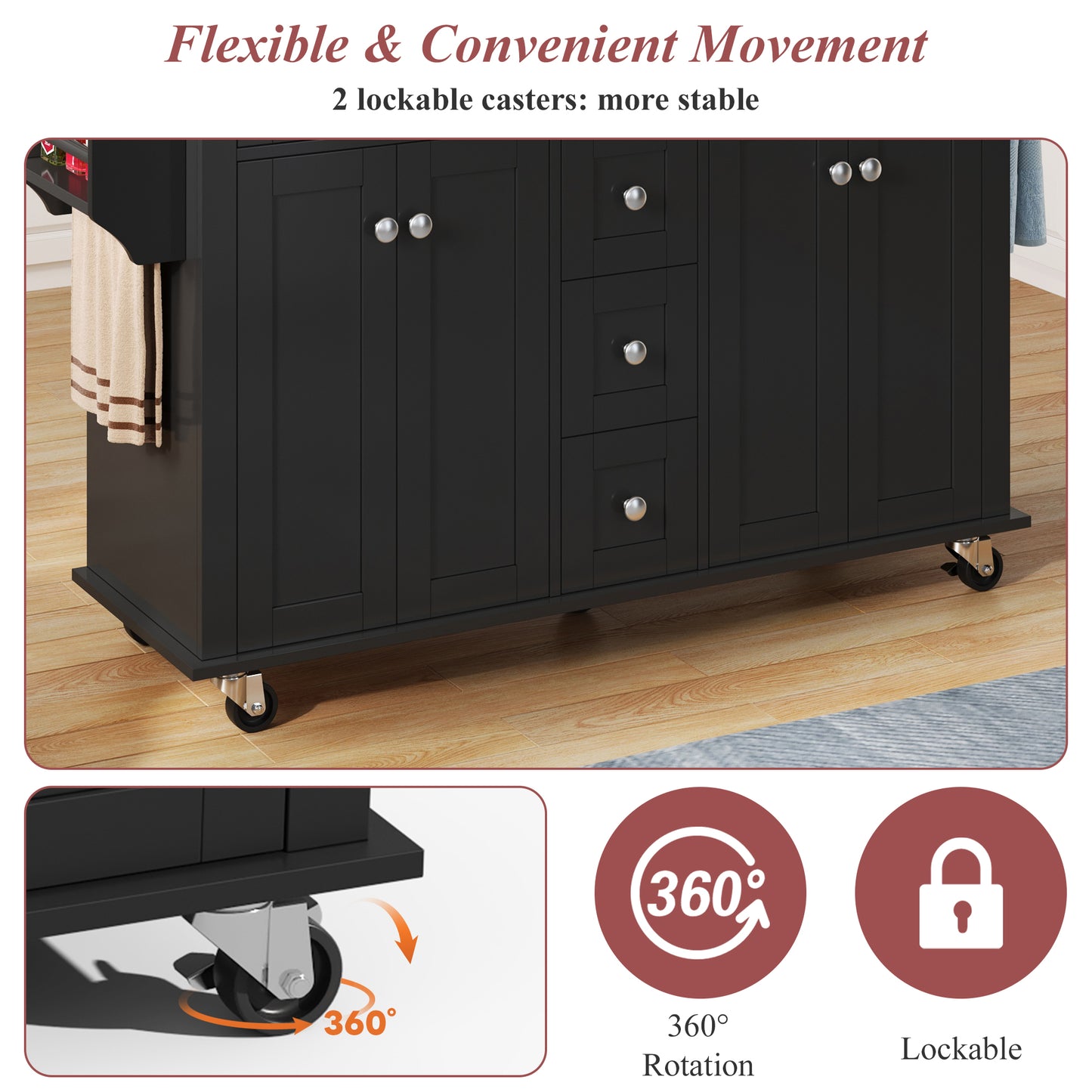 Kitchen Island On Wheels, Dropleaf  Trolley, Rolling Cart With Foldable Countertop,  5 Drawers, Spice & Towel Holders,lockable Wheels, For Kitchen, Dining Room & Living Room,120x65x89 Cm