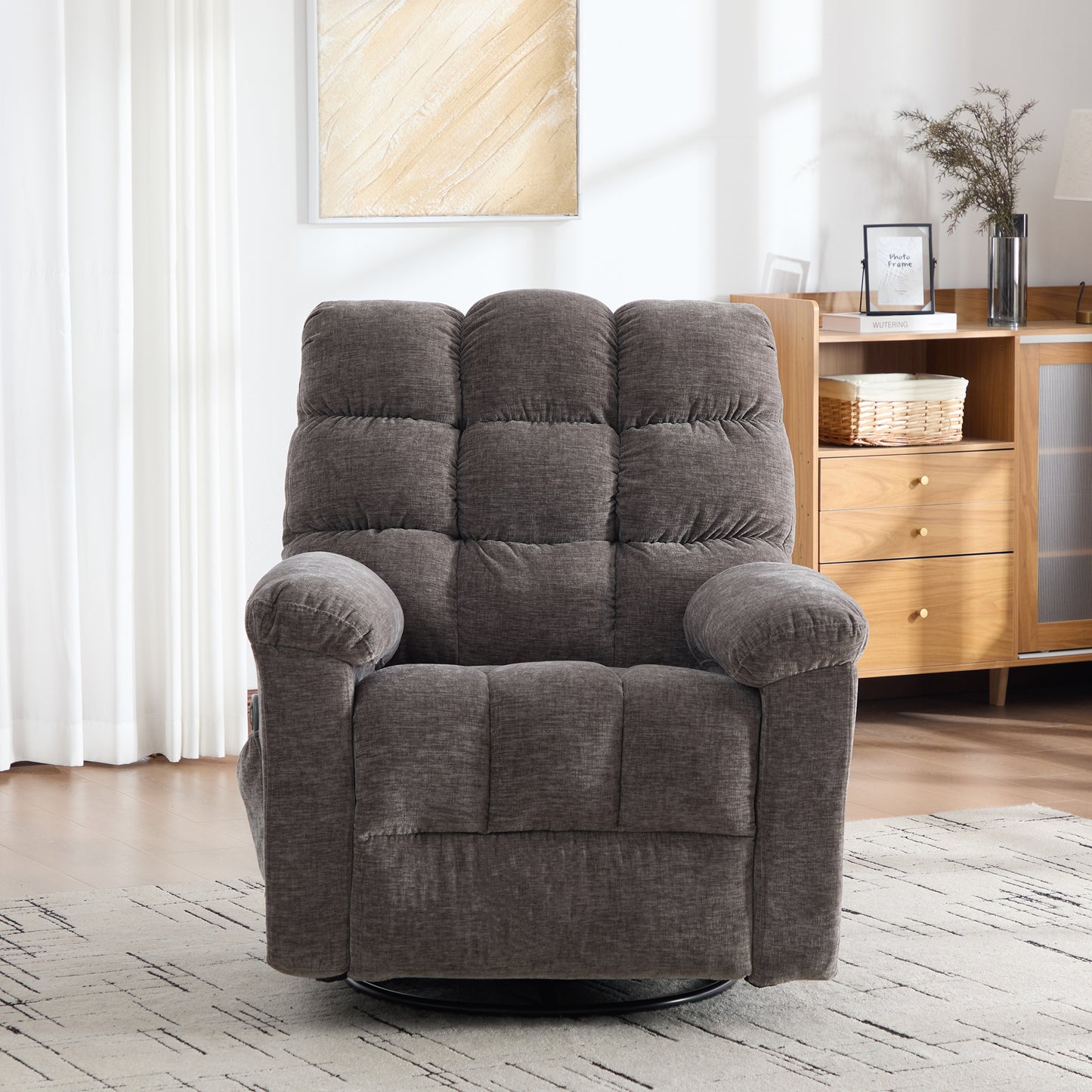Electric 360 Swivel Recliner With Massage And Heat Function, Manually Adjustable Backrest And Footrest, And Side Storage Pockets. Gray