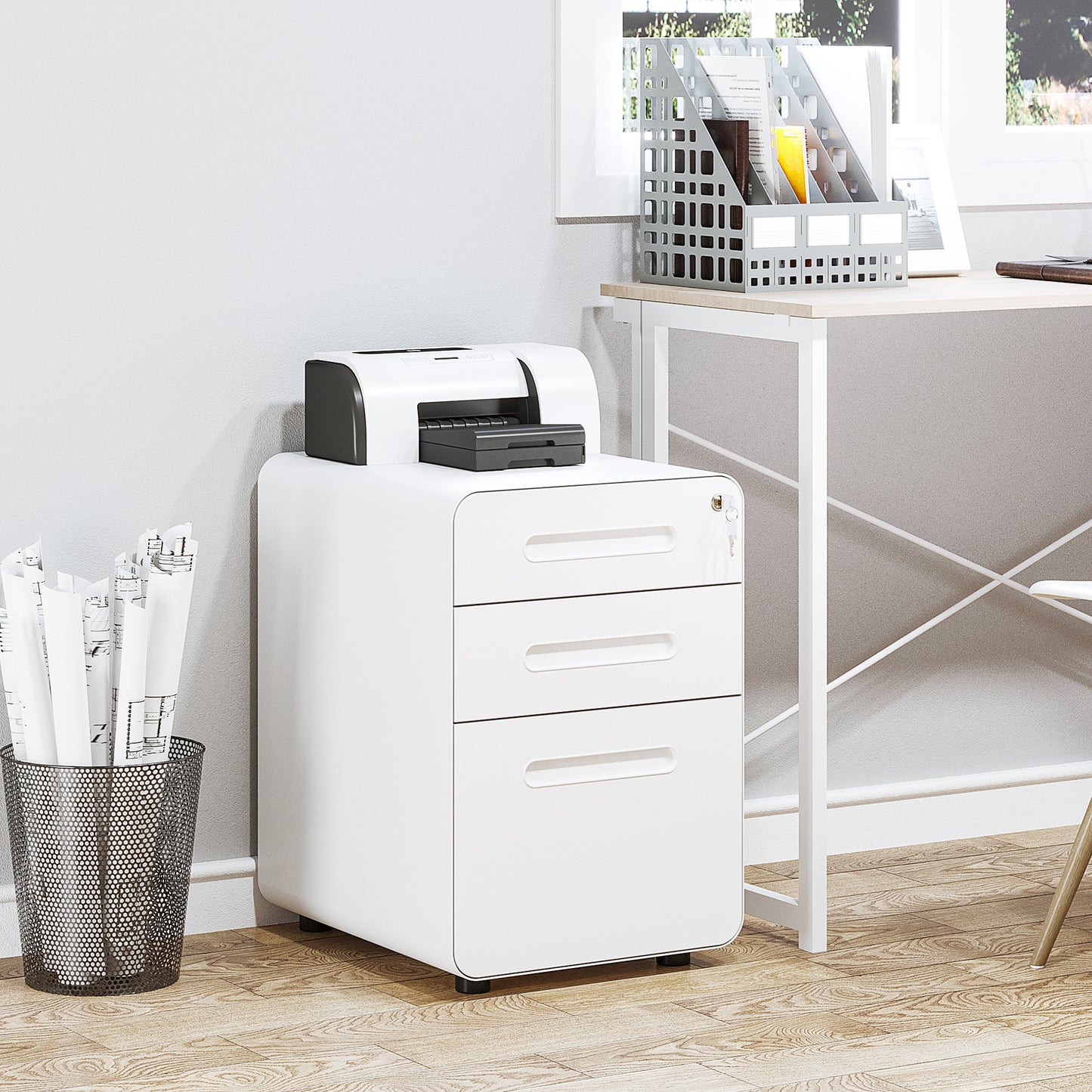 Vinsetto Lockable File Cabinet With 3 Drawers, Vertical Office Drawer For A4, Letter, Legal Size, Anti-tilt Design, Pre-Assembled Body, White