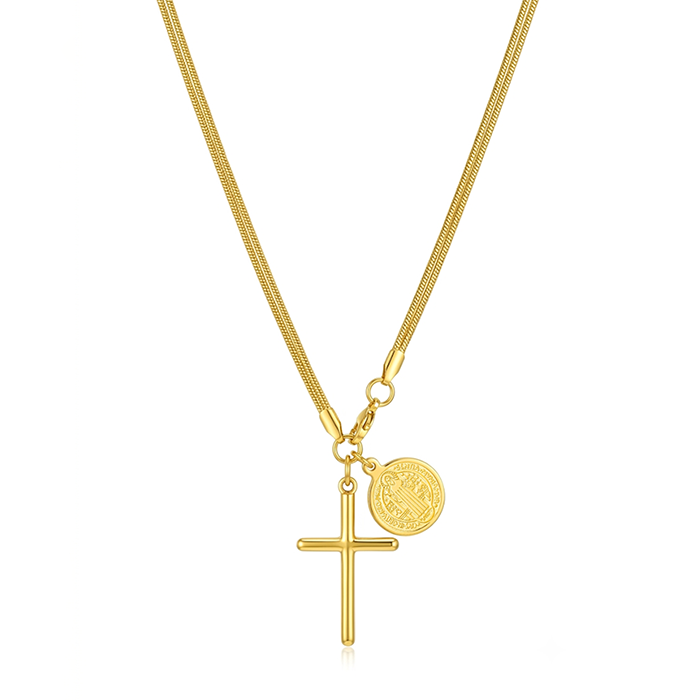 St Benedict Medal Cross Necklace For Women Men, 18K Gold Plated Stainless Steel Snake Chain, Religious San Benito Coin Protection Jewelry Gift