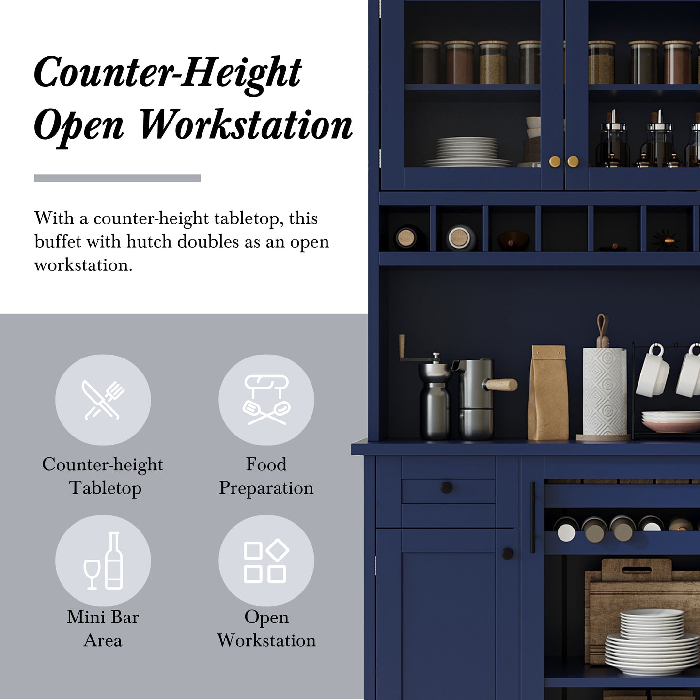 TOPMAx Farmhouse 35.4x17.7x74.8inch Freestanding Buffet With Hutch  Tall Kitchen Pantry Storage Cabinet With Wine Rack And Adjustable Shelves For Dining Room  Blue