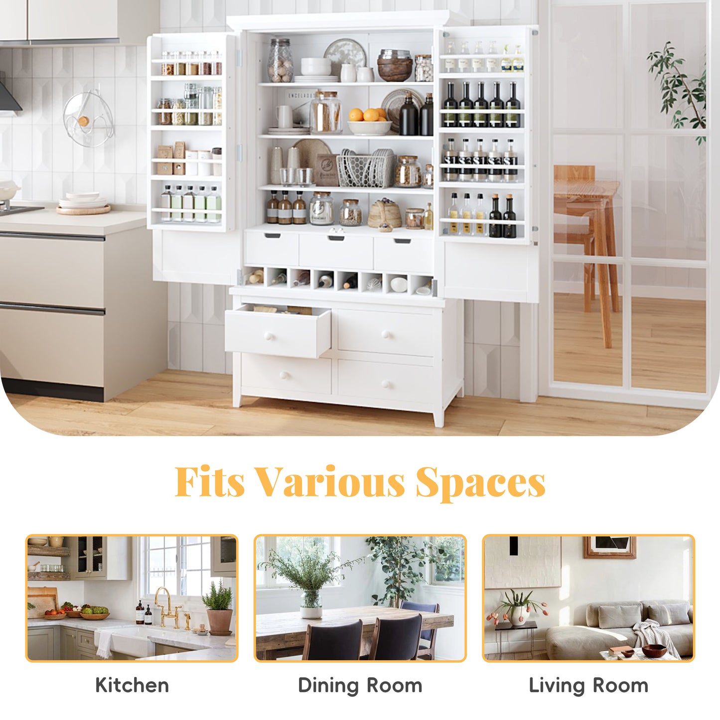 TOPMAx Freestanding Large Kitchen Pantry Wooden Kitchen Storage Cabinet Cupboard With 8 Door Shelves 3 Adjustable Shelves 7 Drawers& 8 Wine Racks  White