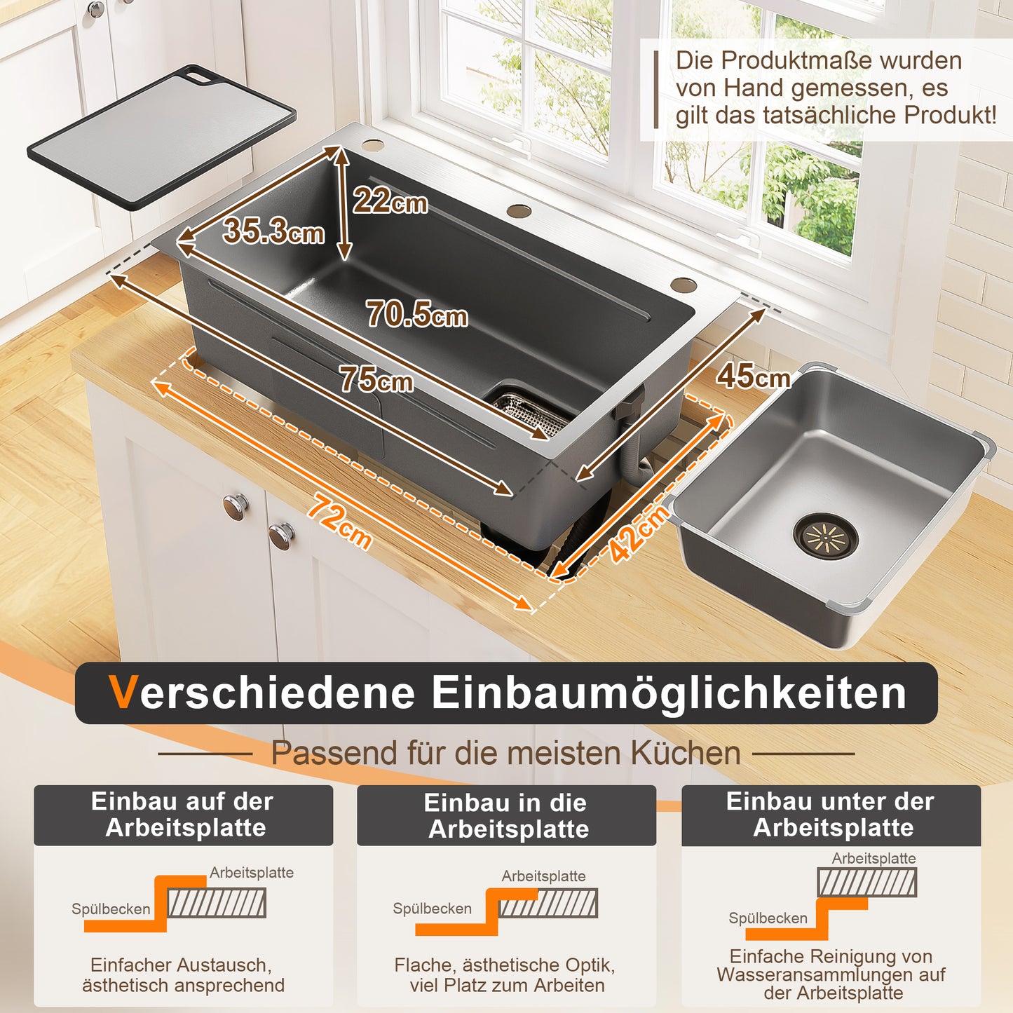 75x45cm Stainless Steel Inset Sink With Cutting Board,Additional Inner Basin And Strainer Basket,PVD Coated Kitchen Sink,Waterfall Drain,Low Noise Construction And 3 Faucet Holes