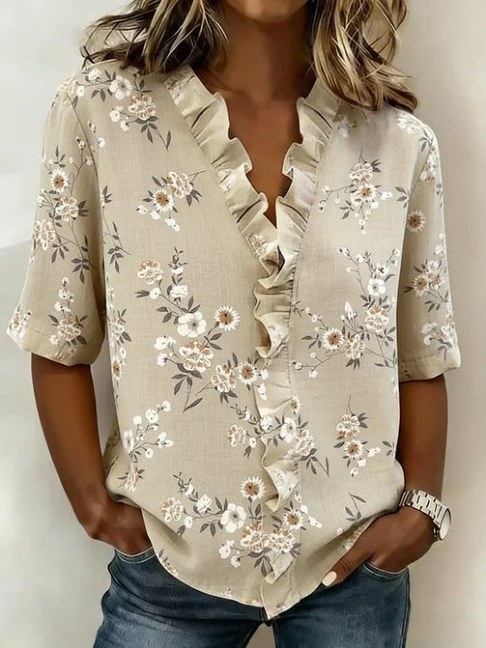 Printed Womens Fashion Floral V-neck Shirt