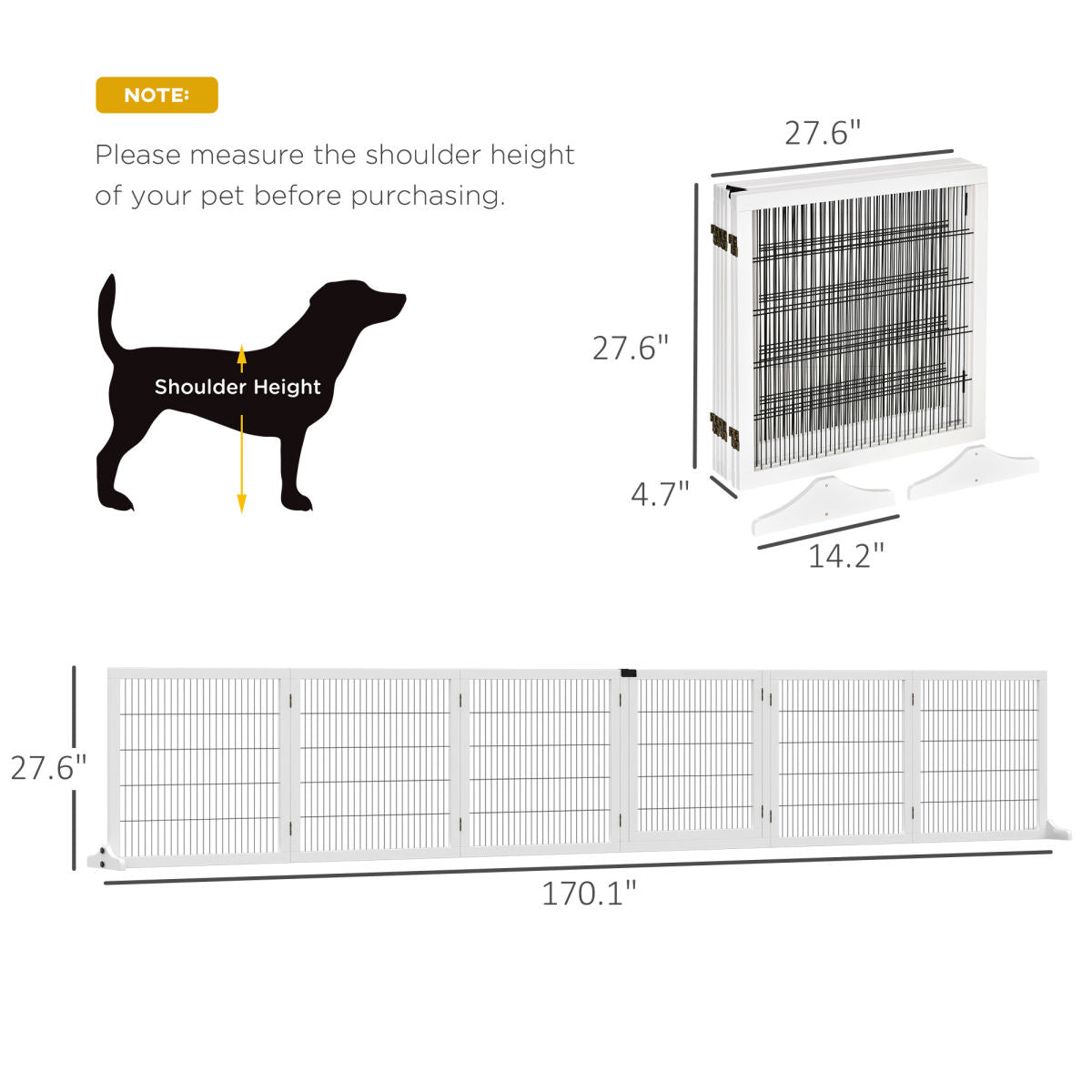 Wooden Pet Gate, 6-Panel Folding Dog Safety Barrier with Support Feet for Small & Medium Dogs, White