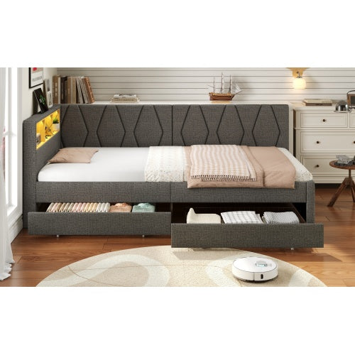 3ft Single Daybed With Two Storage Drawers, LED Modern Bed Frame With Charging Station, Linen Sofa Bed For Living Room Bedroom Study Room, 90X190cm, Easy Assembly, Grey
