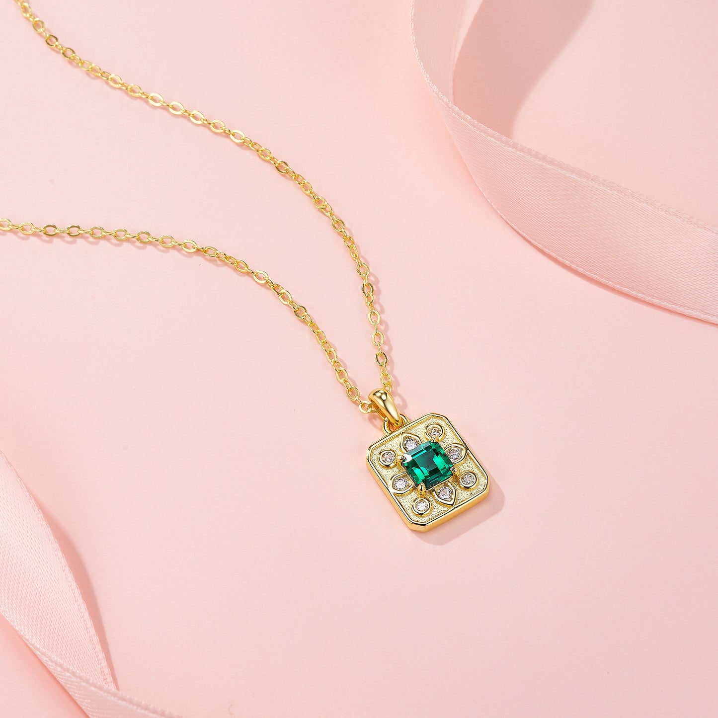 1.8g S925 Gold Plated Lab Grown Emerald Necklace For Women  Octagon Cut Vintage Pendant With Moissanite Accents, Dainty Jewelry Gift Box Set