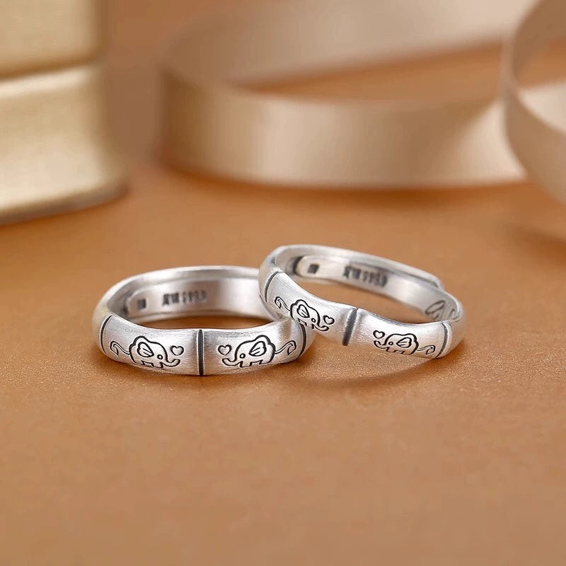 Set Of 2 999 Sterling Silver Retro Elephant Bamboo Rings, Lucky Elegant Style, Ideal For Birthdays & Couple Gifts
