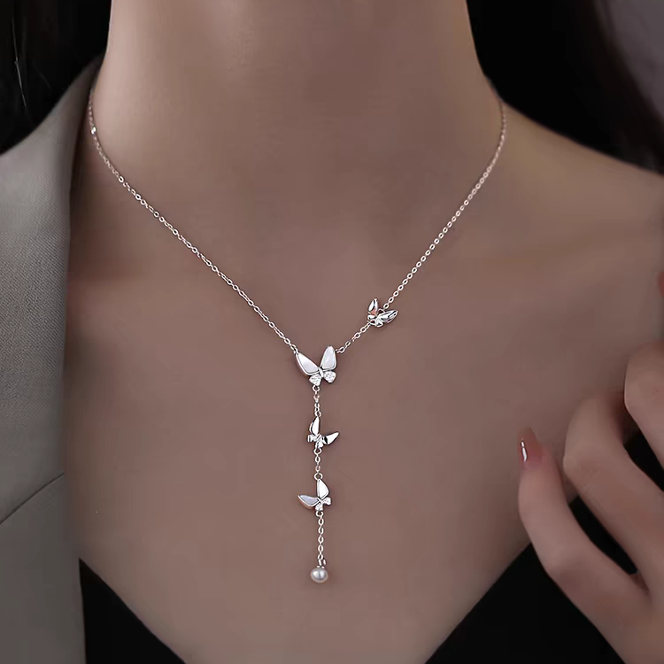 1pc 999 Sterling Silver Mother Of Pearl Butterfly Tassel Pearl Necklace, Luxurious Sweet Style, Perfect For Daily Wear & Valentine's Gifts