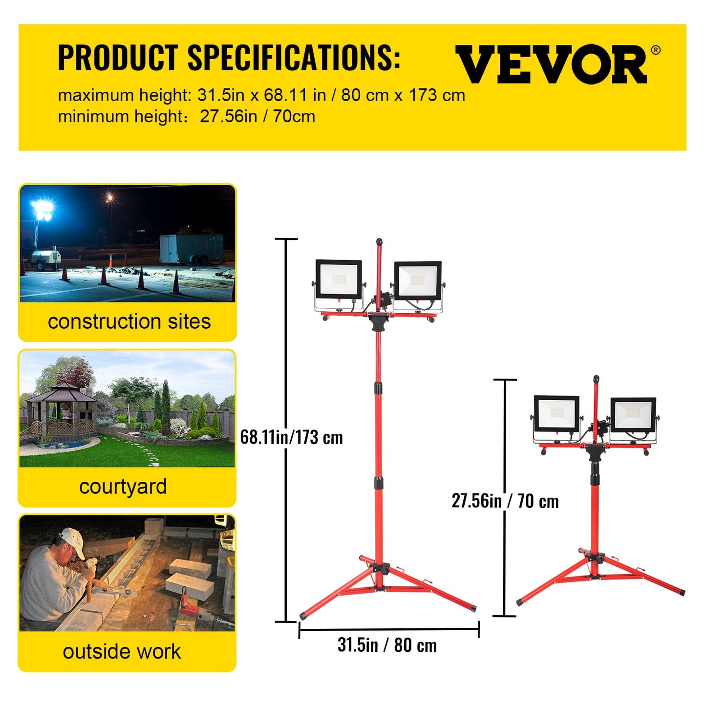 LED Work Light With Stand, 2PCS 10000 Lumen Dual-head LED Work Light With Adjustable And Foldable Tripod Stand, IP65 Waterproofed LED Tripod Work Light, With 5000 K Color Temperature