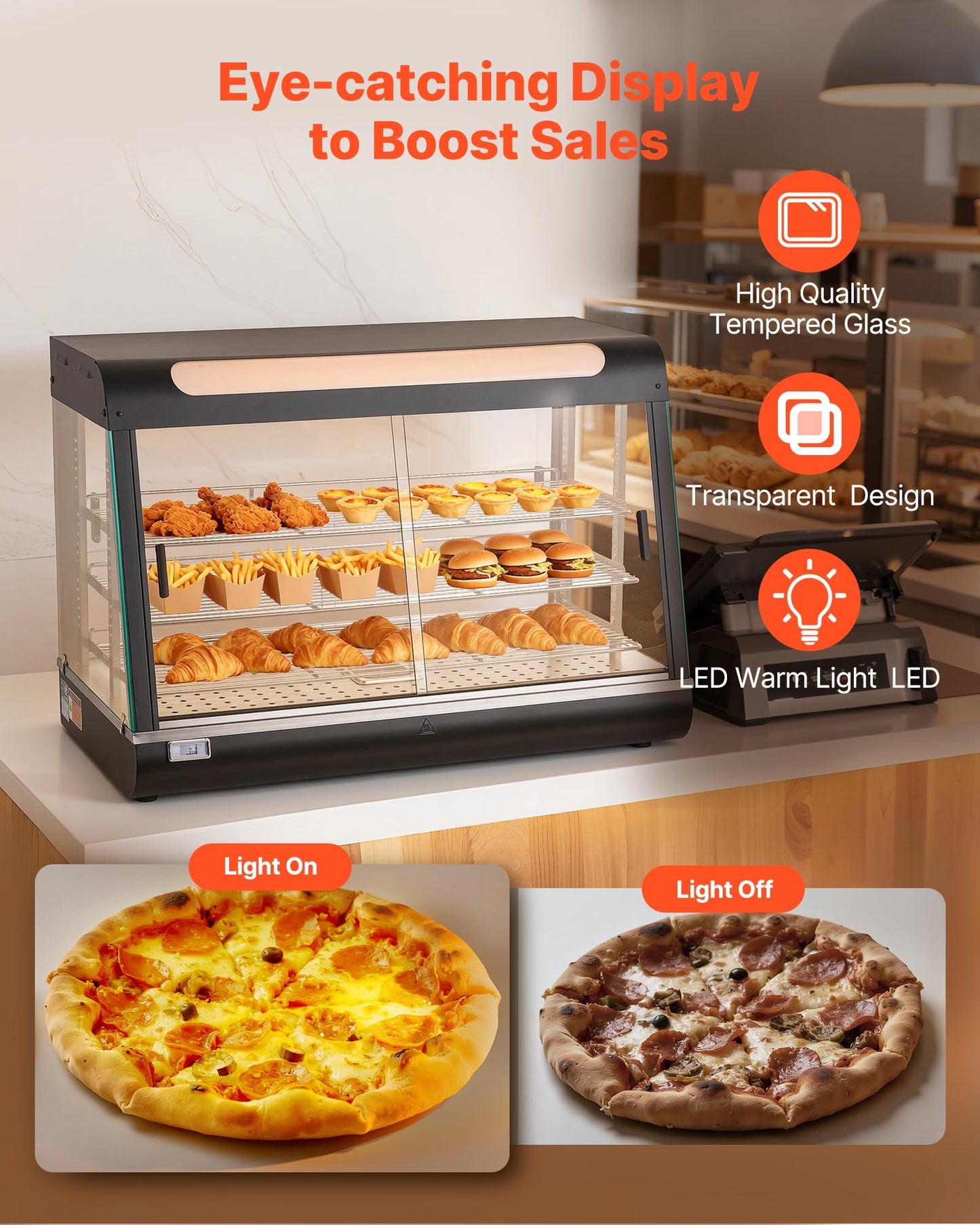 3-Tier Commercial Food Warmer Display, 1400W Food Display Warmer With LED Light, Top Storage And Adjustable Shelves, 86℉~185℉ Steam Heating, 137Qt/130L For Hamburger, Pizza, Bread, Fried Chicken