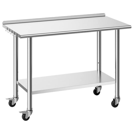 Stainless Steel Work Table, 24x48 Inch Food Prep Table With Wheels, Commercial Kitchen Workstation With Adjustable Undershelf, Metal Heavy Duty Utility Worktable, For Restaurant Home Outdoor