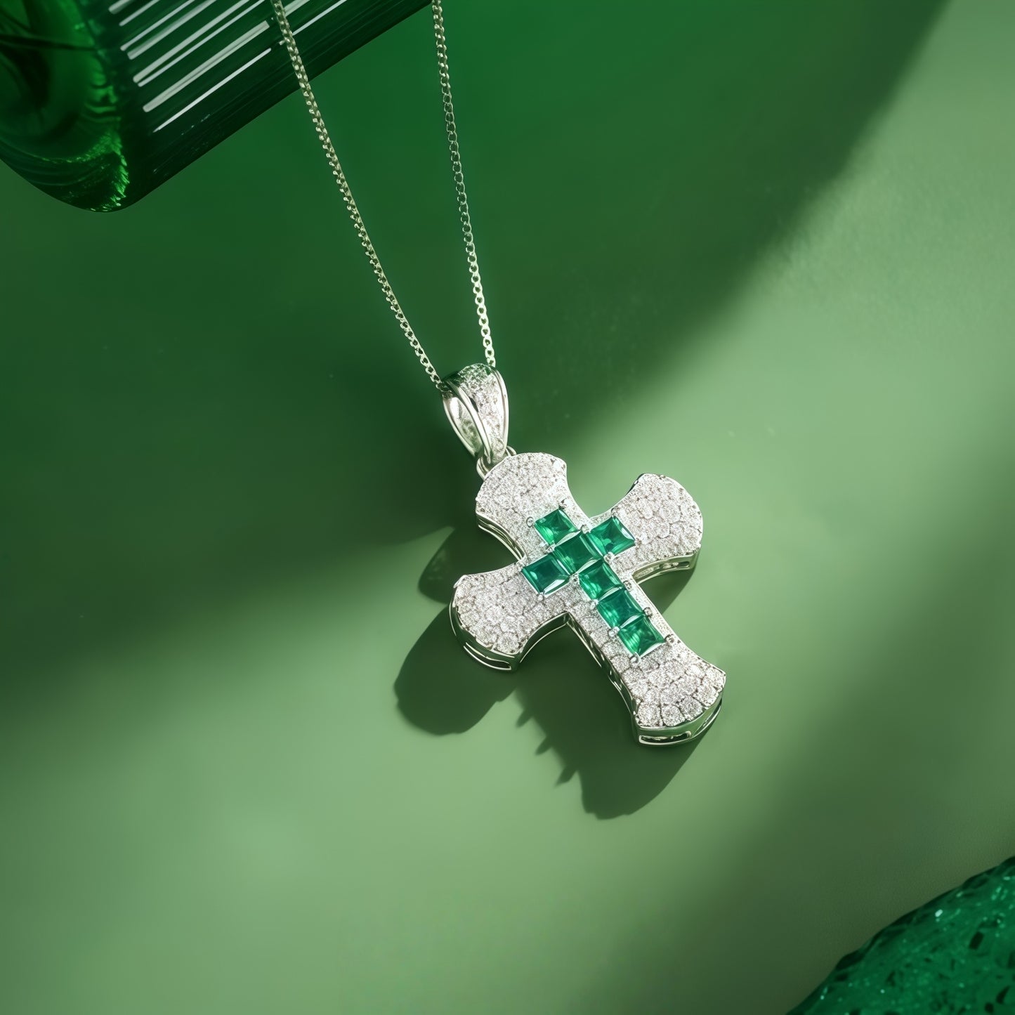 Princess Cut Emerald Green CZ Center Cross Pendant Necklace For Women, Copper Plated Silver Full Pave White Cubic Zirconia Religious Faith Christian Jewelry Gift