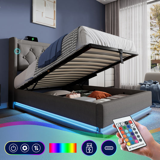 Sofa Bed Single Bed 90x200 Cm, Grey Cotton-Material Hydraulic Storage Bed, Cushioned Headboard With USB Type-C Charging Function, 3-sided LED Function Without Mattress