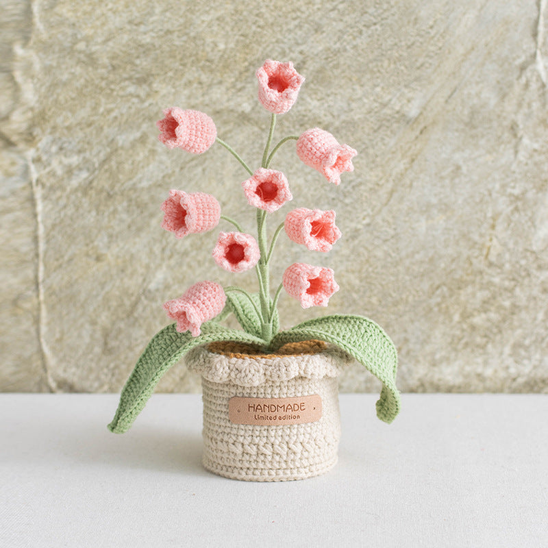 Hand Crocheted Lily Of The Valley Artificial Flowers  Potted Arrangement Decor For Indoor Table Living Room Bedroom