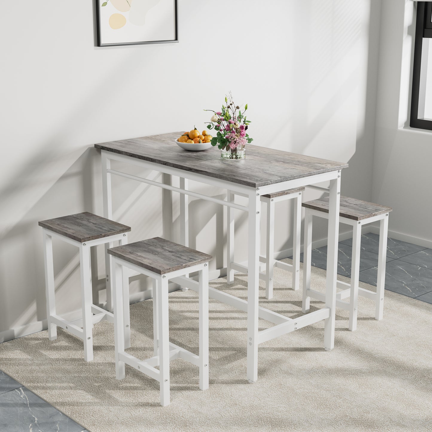 5-piece Modern Kitchen Table With Four Bar Stools Bar Table Set 5PC,metal Frame And MDF, White Oak,47.5  L X 23.7  W X 35.5  H.