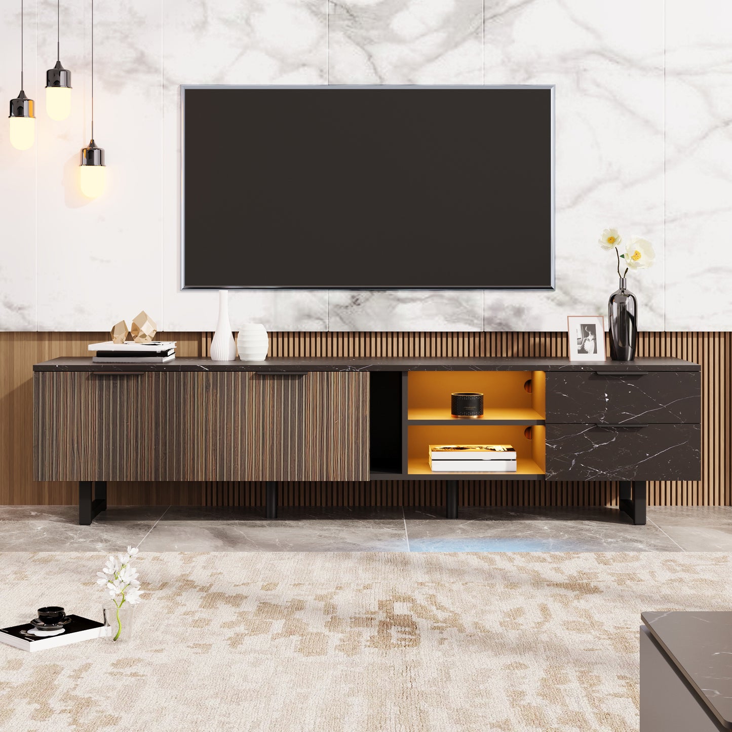 200cm TV Cabinet With Black Marble Look, Dark Wood Grain Doors, Adjustable LED Lighting, Two Doors And Two Drawers, Suitable For Robot Vacuum Cleaners