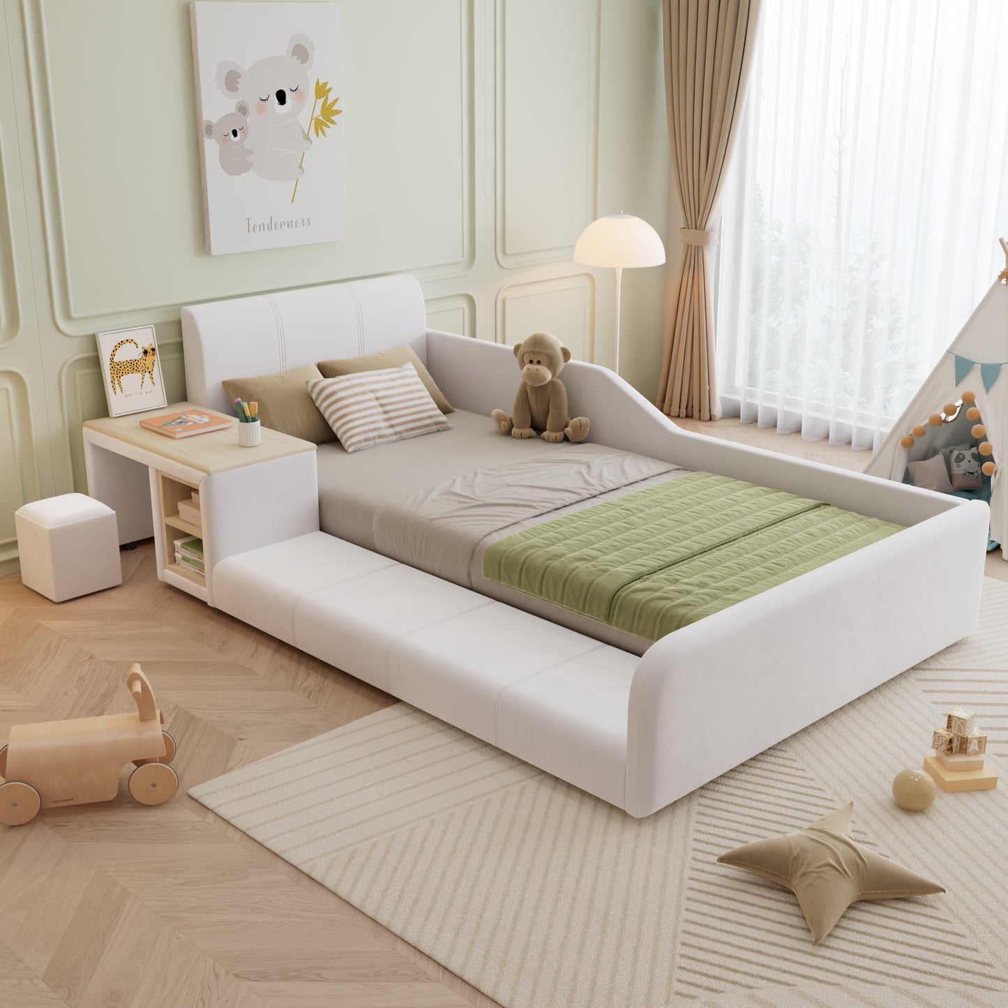 Upholstered Bed, Single Bed With Children's Desk And Stool, With Shelf, Soft Headboard, Children's Bed With Wooden Slats, Velvet, White, 90x200cm