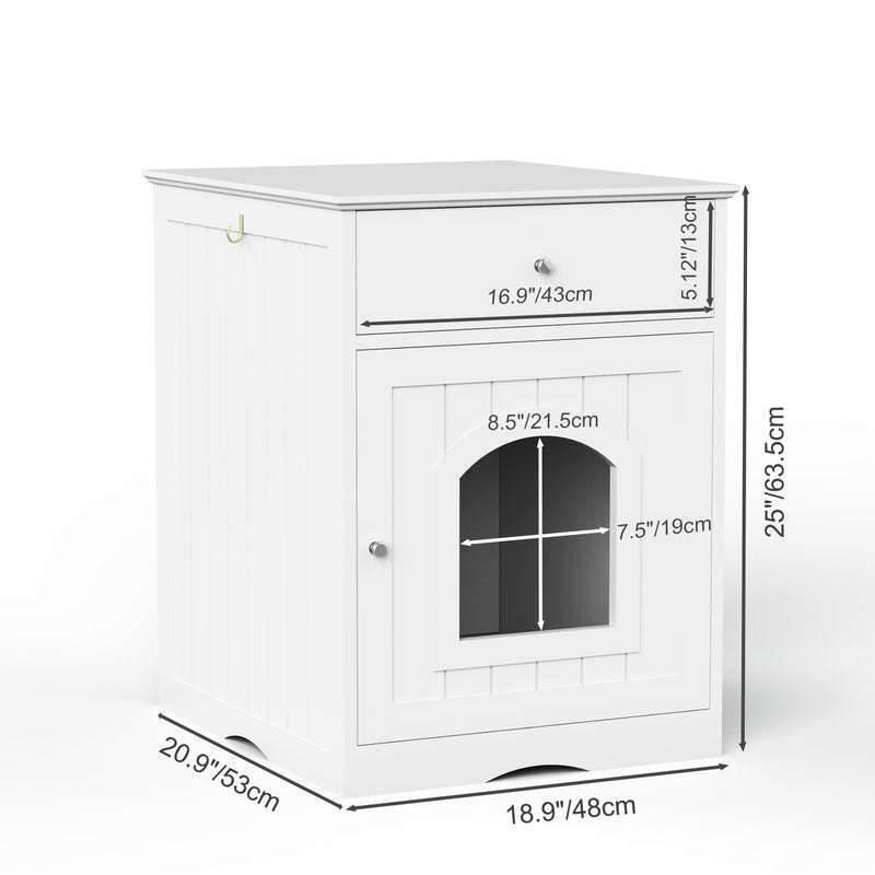 White Wooden Cat Litter Box Enclosure W Drawer & Side Table, Indoor Pet Crate Nightstand For Home