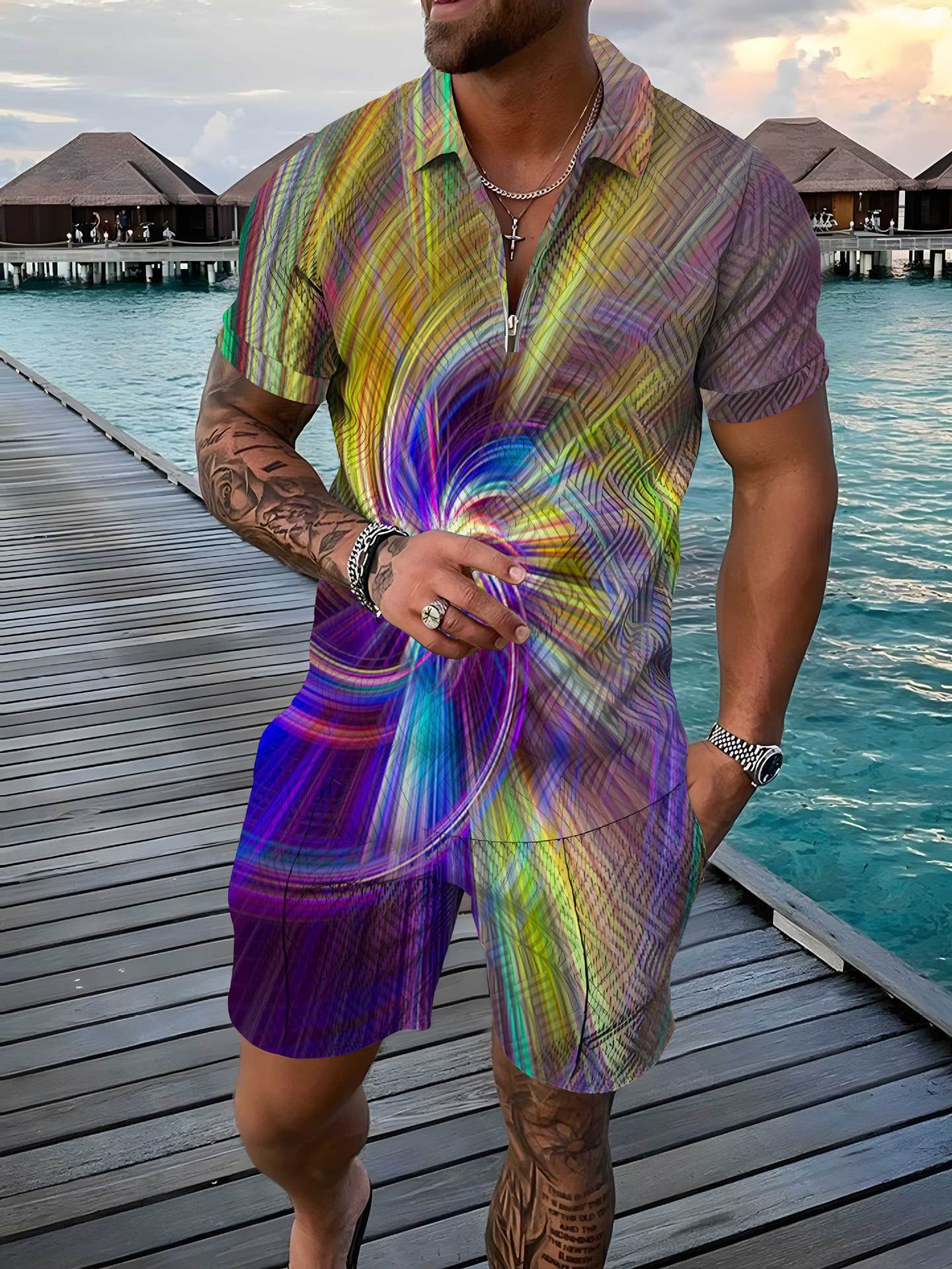 Fashion Zipper Polo Shirt Suit Men's Casual 3D Printed Polo Shirt Shorts