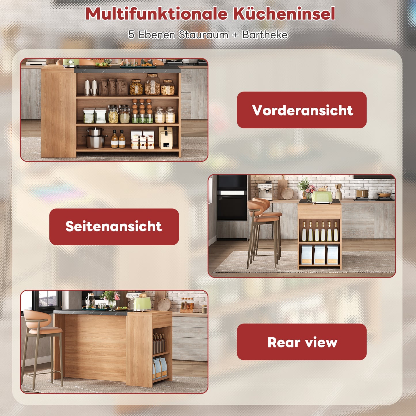 Kitchen Island Bar Counter Bar Table Dining Table, 5 Levels Of Storage Space & Hidden Drawer, Thickened Table Top, Oak & Black In Marble Look, 140x60x90 Cm